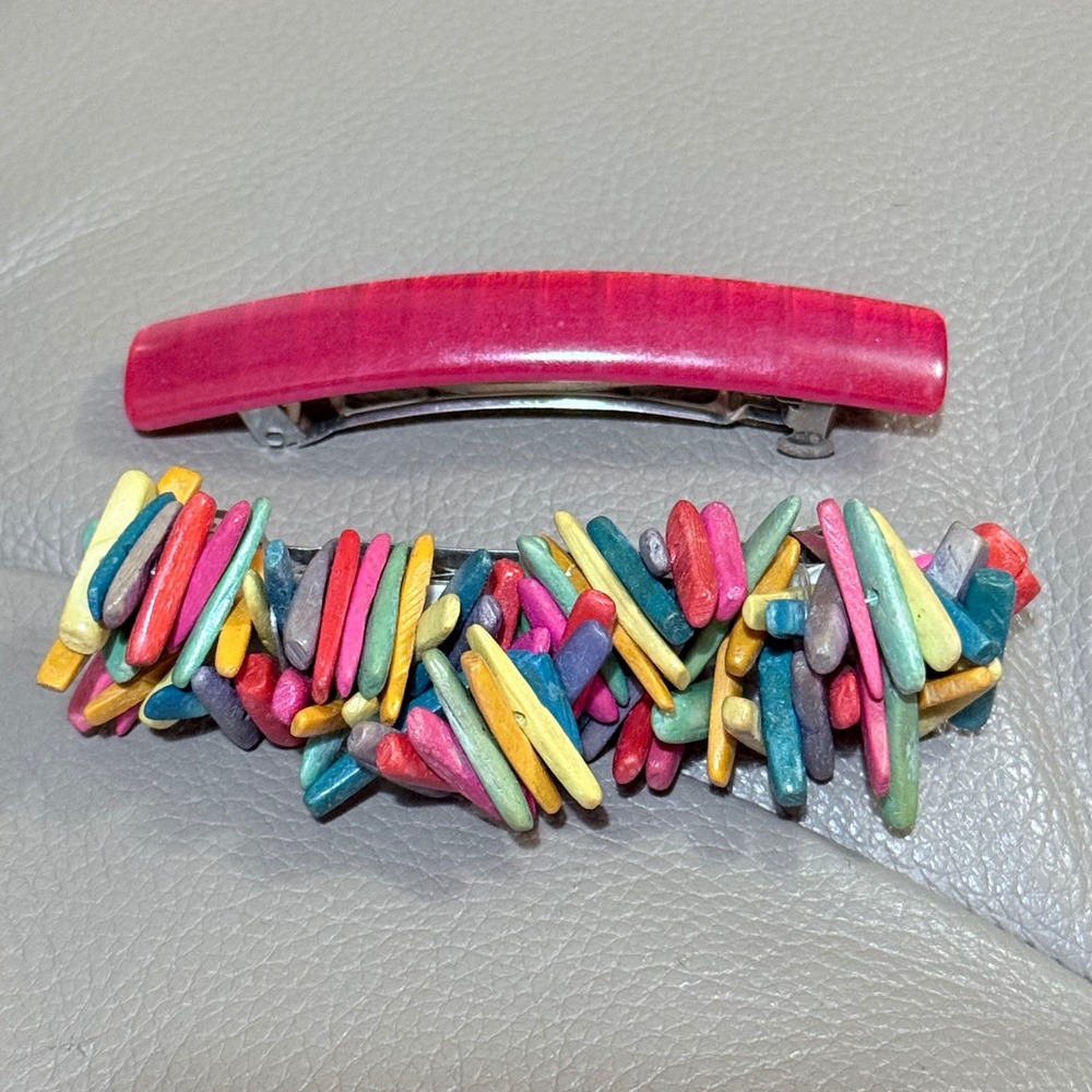Vintage 90s Hair Clips Pink Resin and Multicolor Wood Stick French Barrette Set
